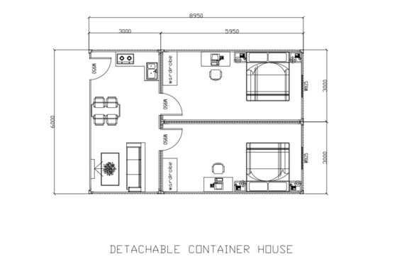 Casas de contenedores de estructura modular de acero 3 dormitorios con cocina y sala de estar